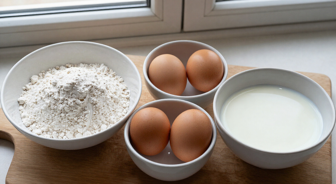 all-purpose flour, eggs, and whole milk in bowls on a wooden cutting board