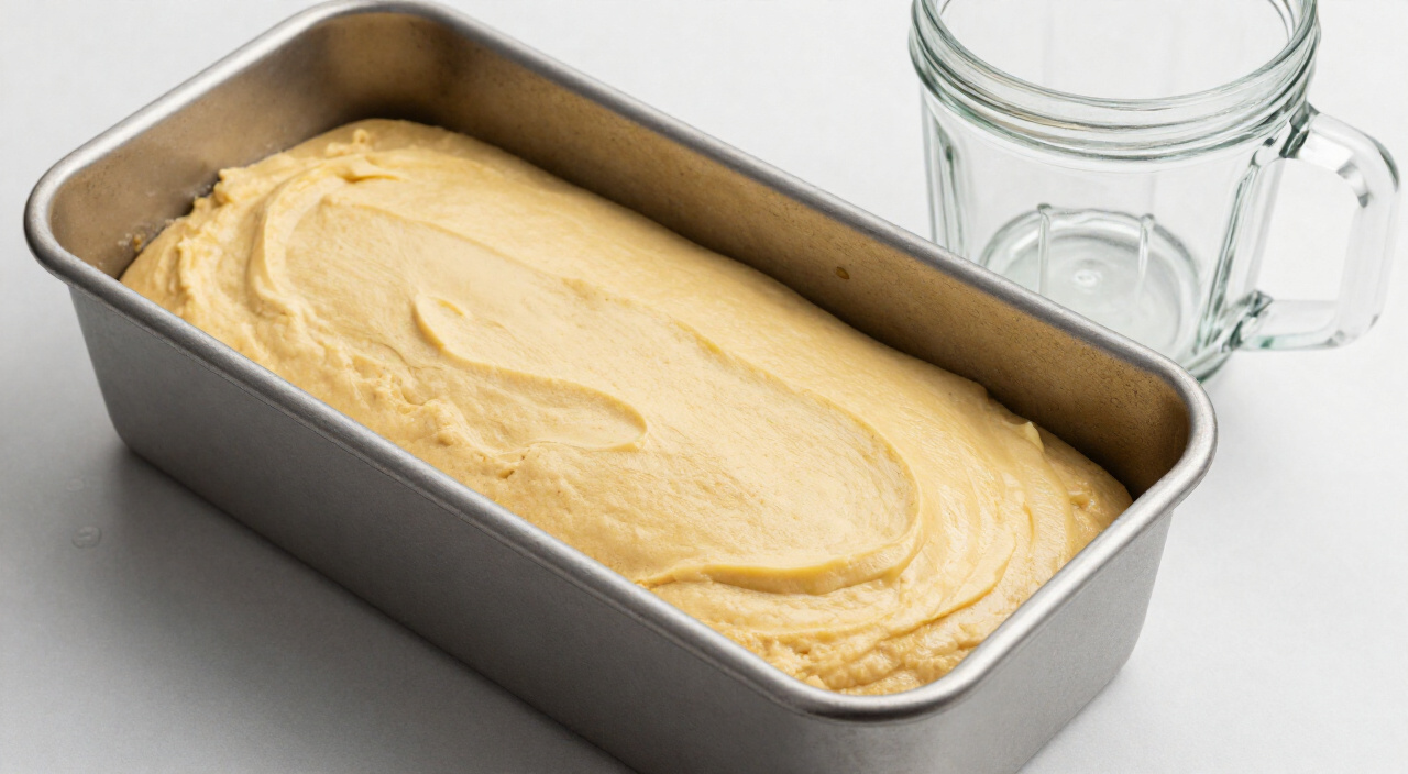 Banana cake batter poured into a tube pan beside an empty blender jar