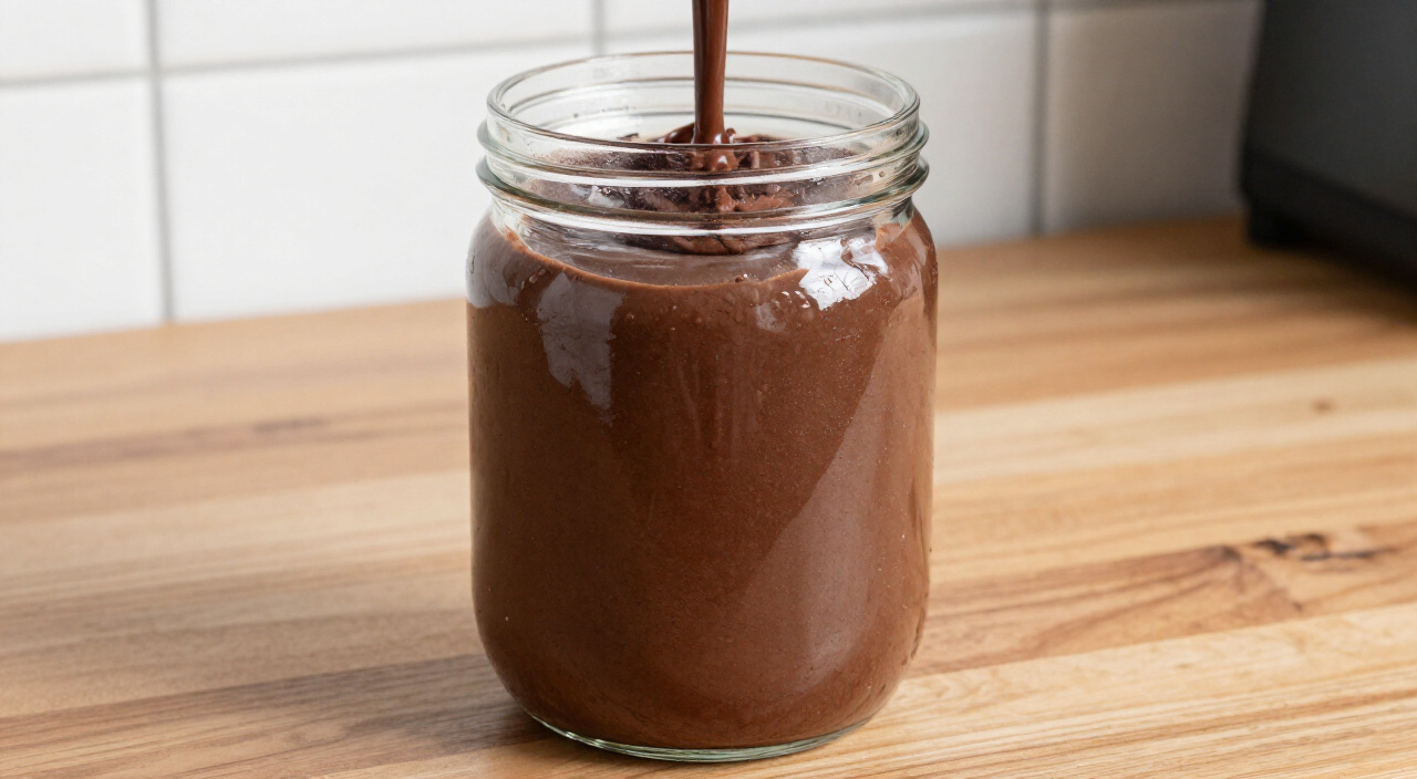 Chocolate banana cake batter blended smooth in a glass blender jar