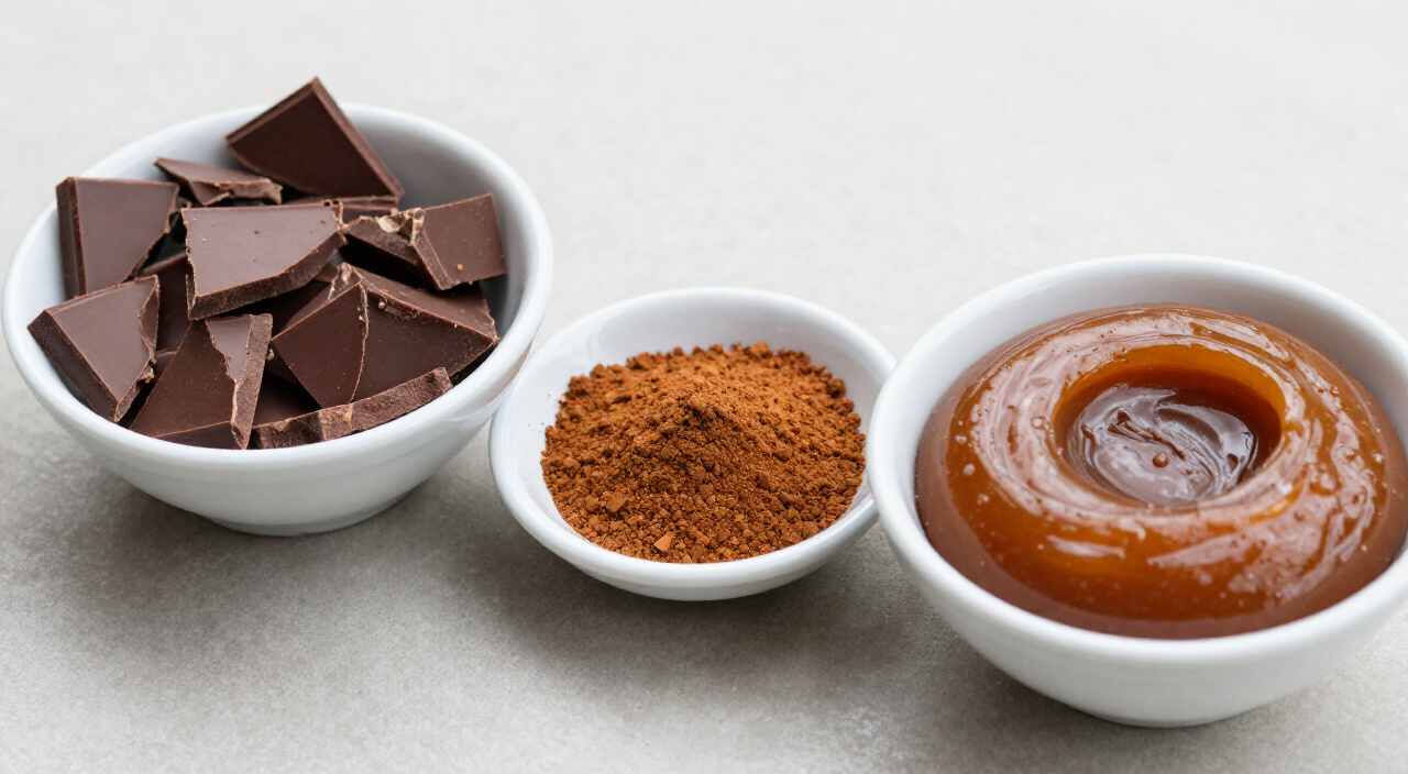 Chopped semisweet chocolate, ground cinnamon and doce de leite in three separate bowls