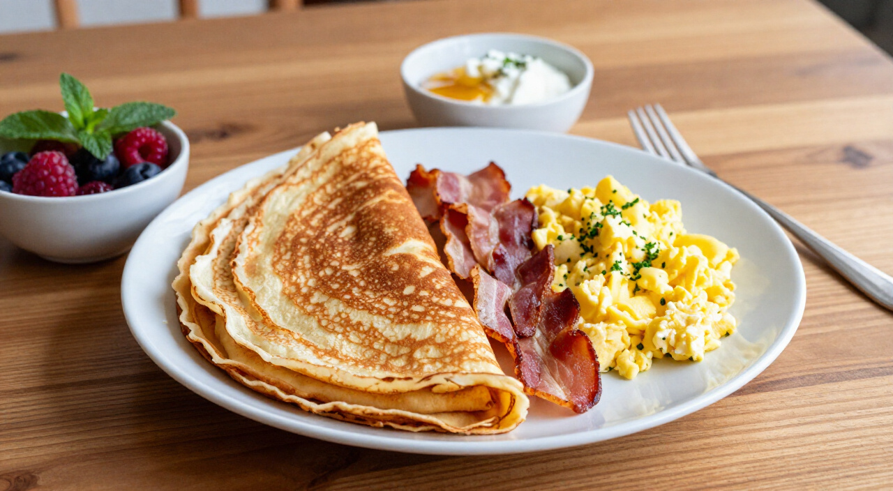 Classic French crepes plated with berry salad, crispy bacon, honey Greek yogurt and herbed scrambled eggs