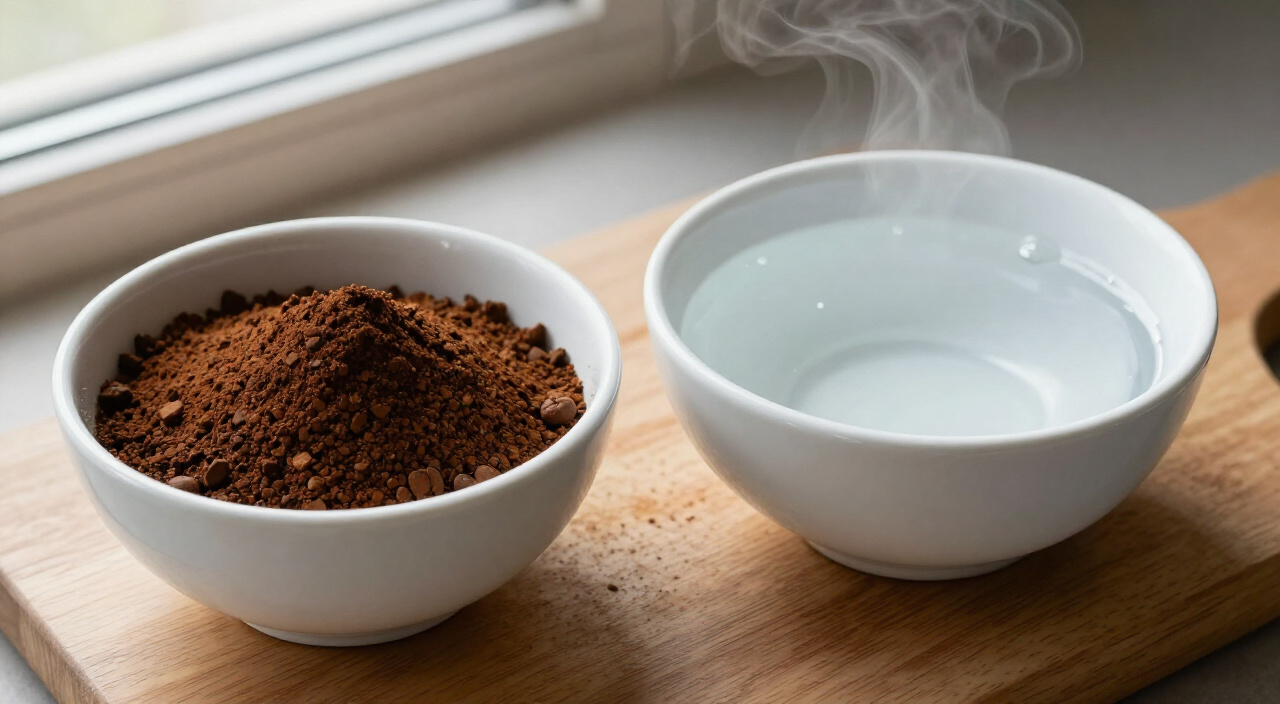 Coarse-ground coffee and steaming hot filtered water in white bowls on a wooden cutting board