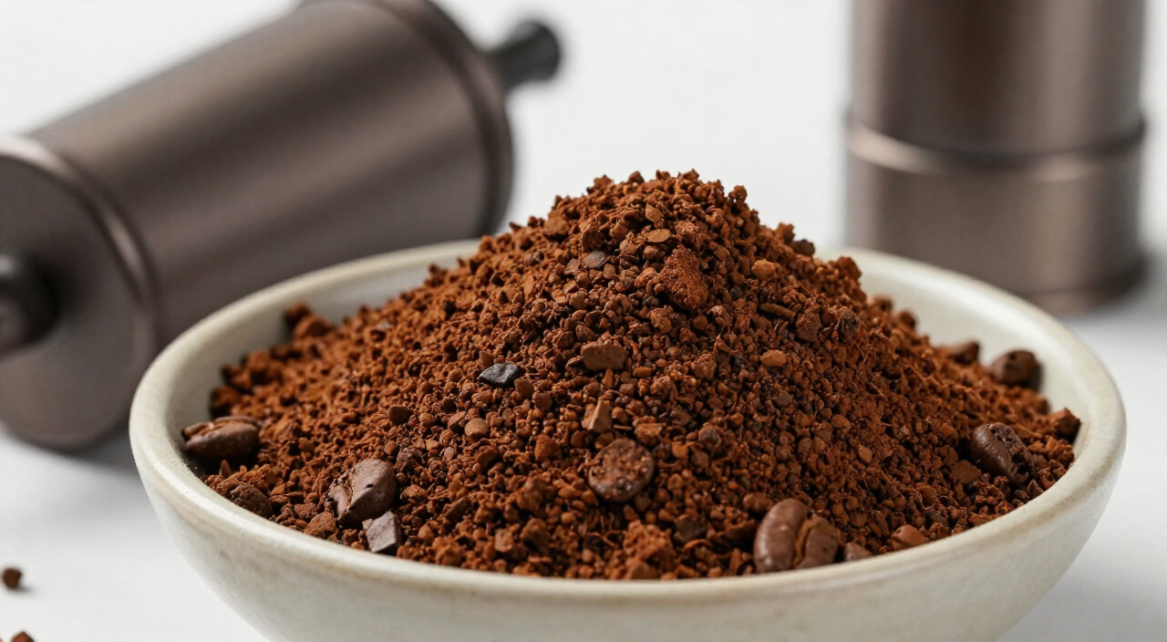 coarsely ground coffee in a small bowl next to a burr grinder