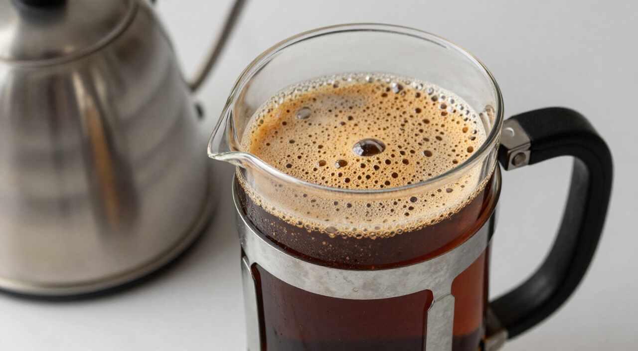coffee grounds blooming into a foamy crust in a glass French press