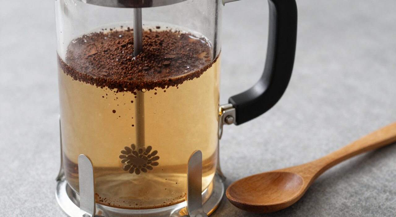 coffee grounds stirred into cold water in a glass French press