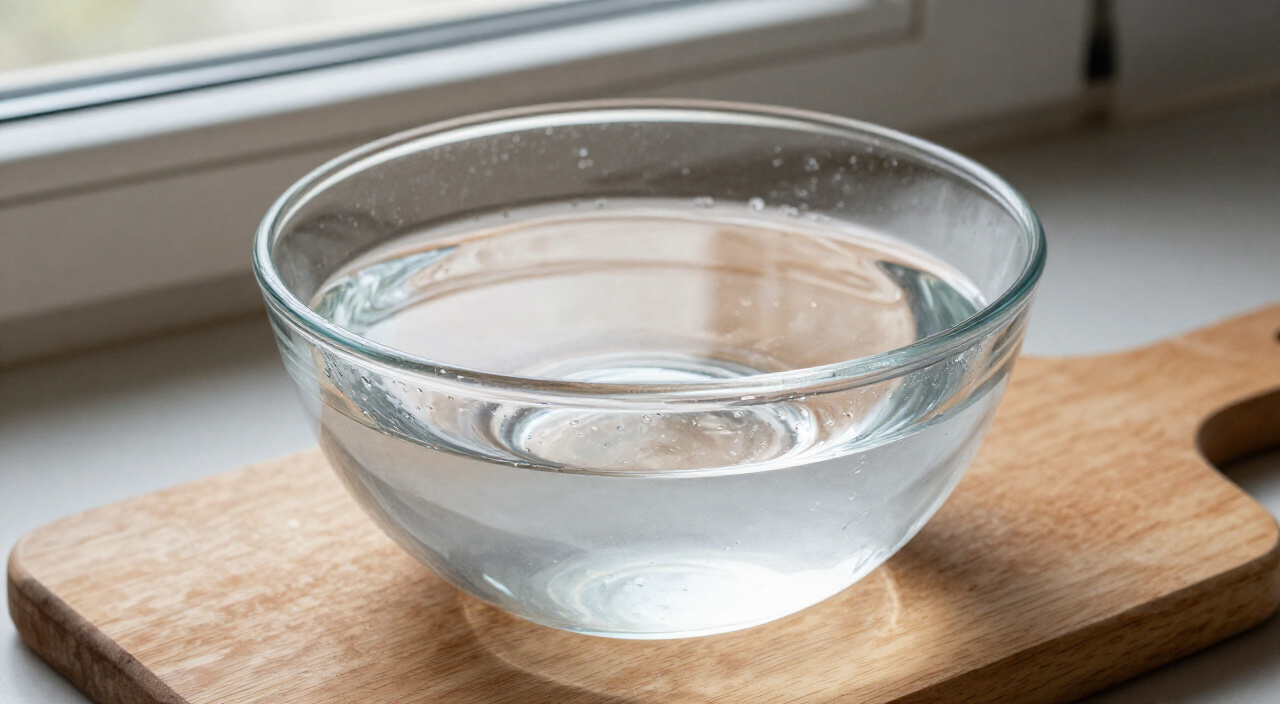 Cold filtered water in a glass bowl with condensation on a wooden cutting board