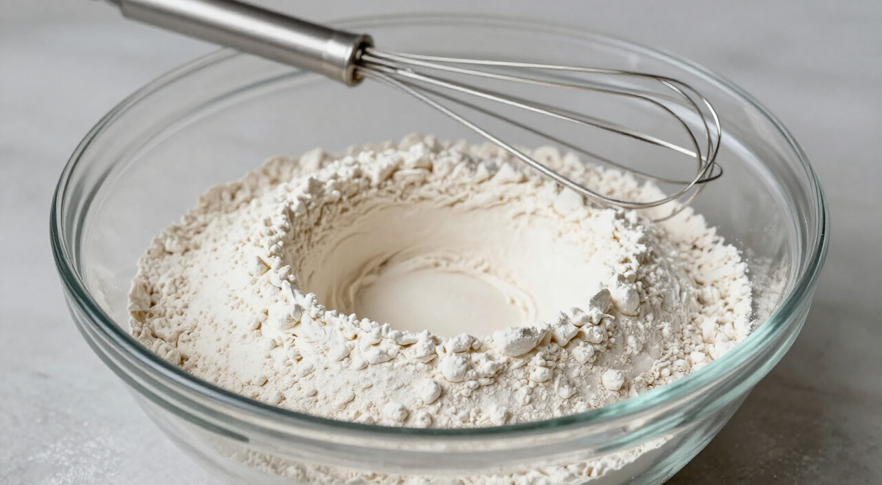 dry flour mixture with a well in the center of a glass bowl, whisk on the rim