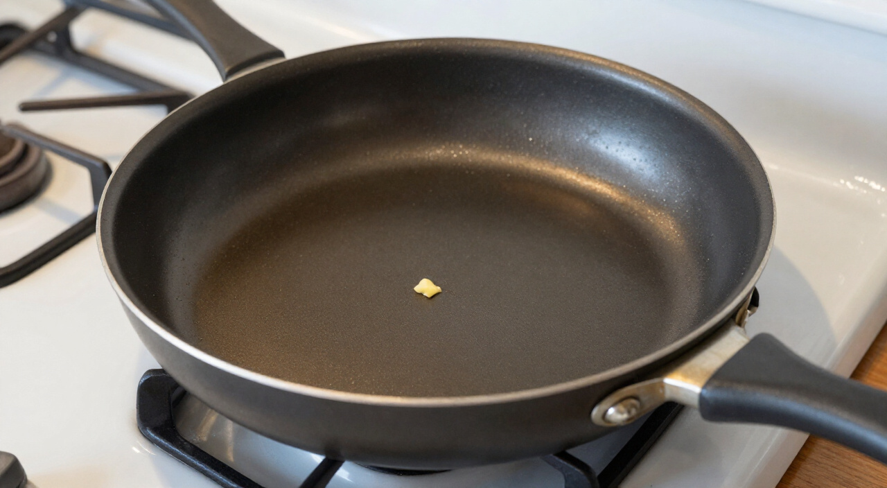 Empty 8-inch nonstick skillet with a thin butter sheen and a thin spatula beside it on a stove