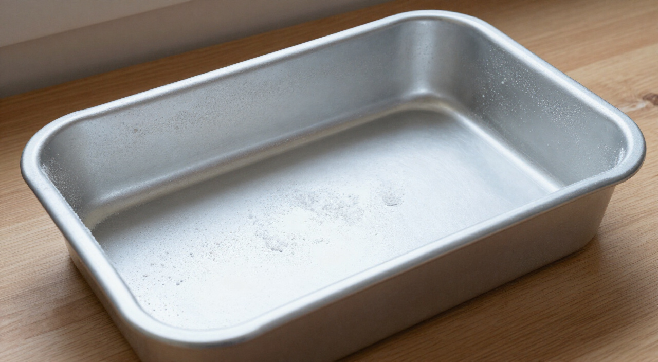 Empty tube pan greased with butter and dusted with flour on a wooden counter