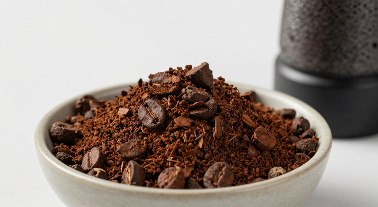 extra-coarse coffee grounds in a bowl beside a burr grinder