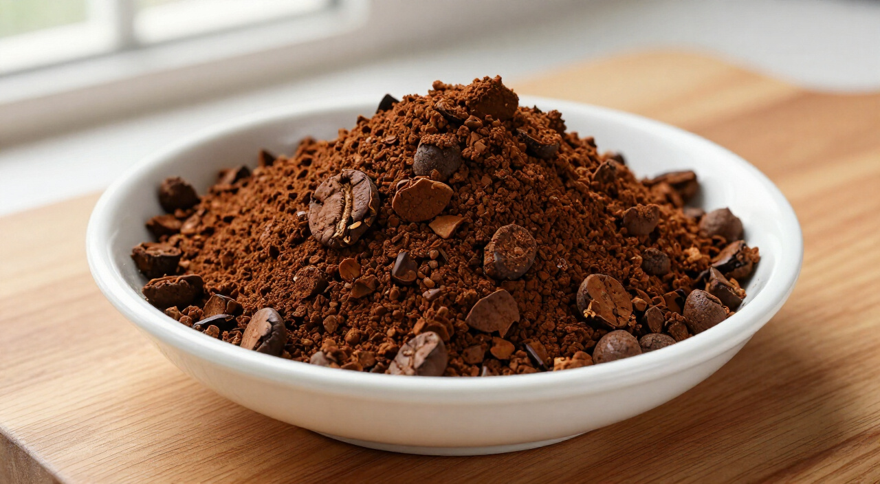 Extra-coarse ground coffee for cold brew in a white bowl on a wooden cutting board