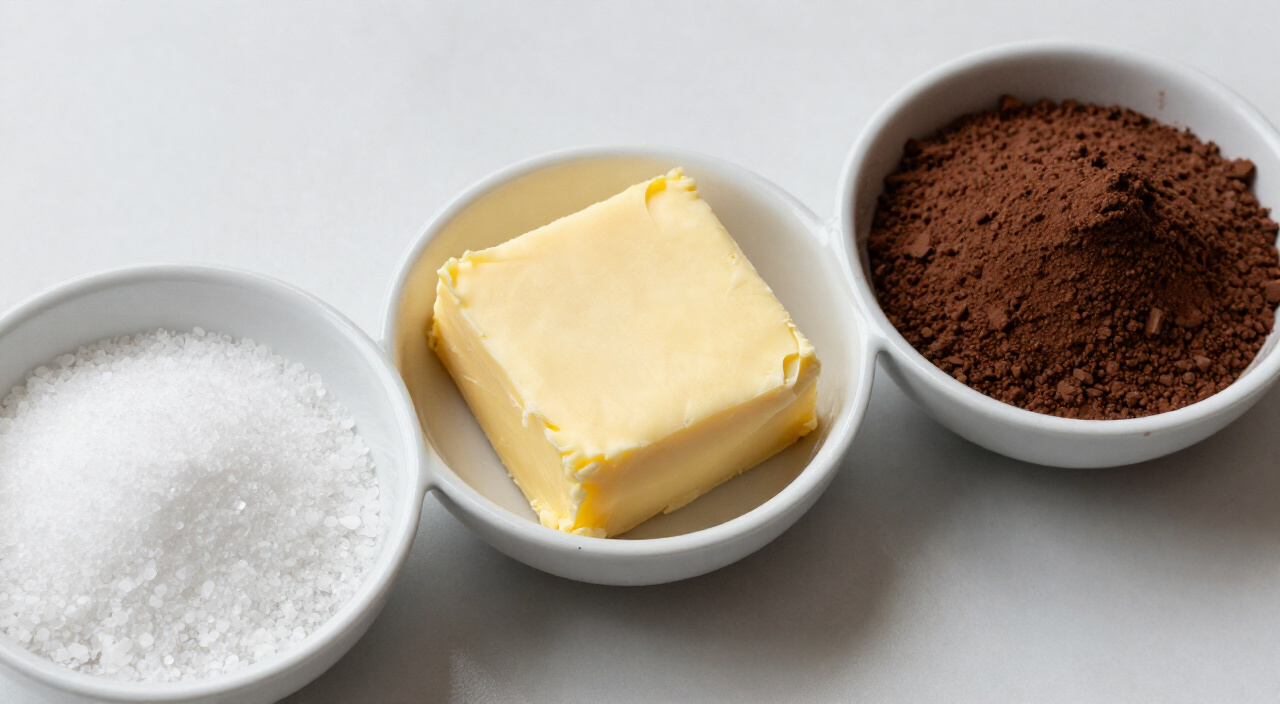 Fine salt, softened butter and cocoa powder in separate small bowls