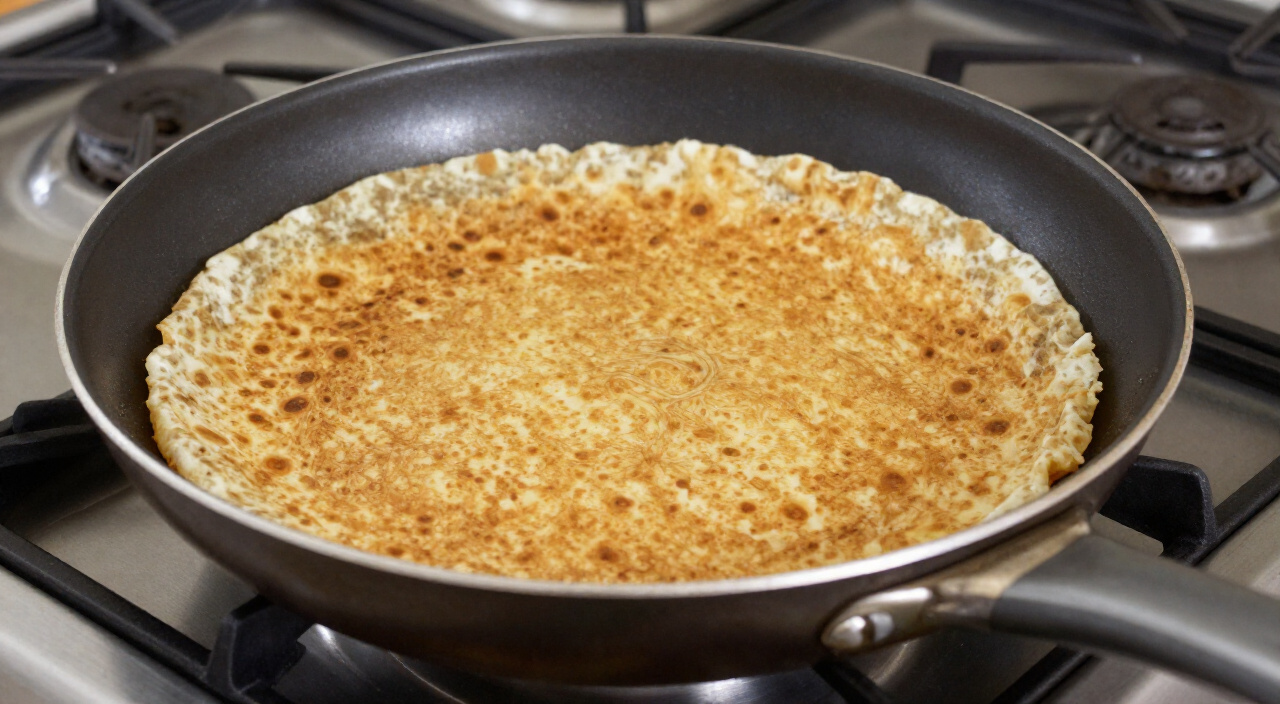 flipped crepe with golden brown freckles in a nonstick skillet with a thin spatula