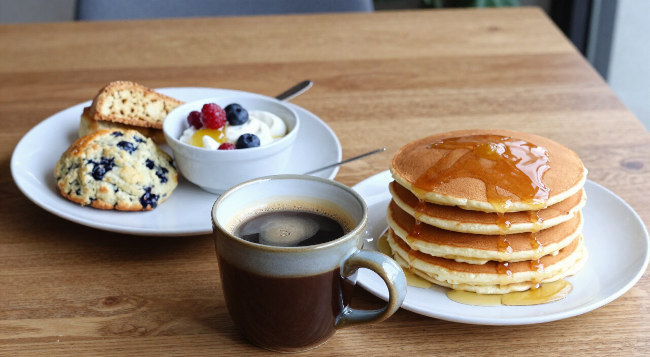 French press coffee in a mug with pancakes, lemon blueberry scone, yogurt with berries and almond biscotti