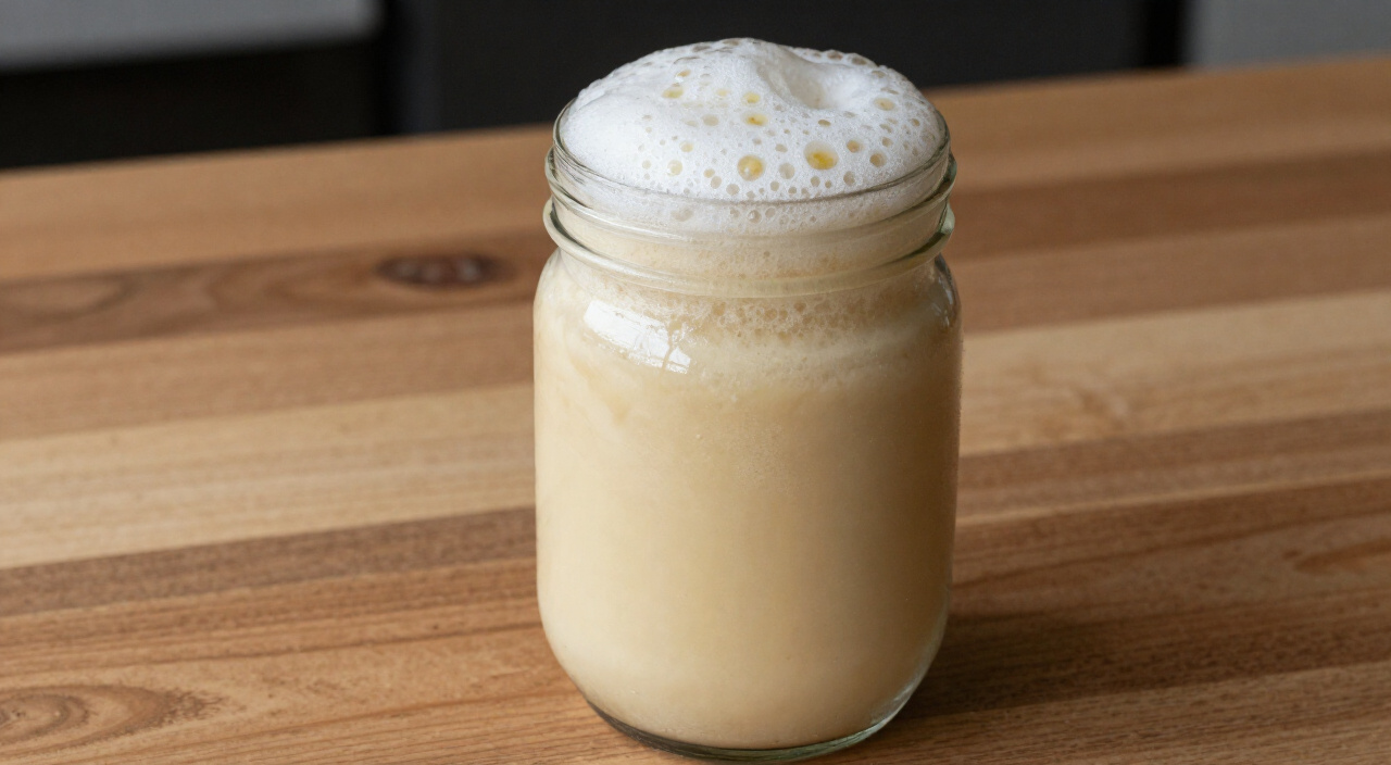 Frothy pale banana and sugar mixture in a glass blender jar