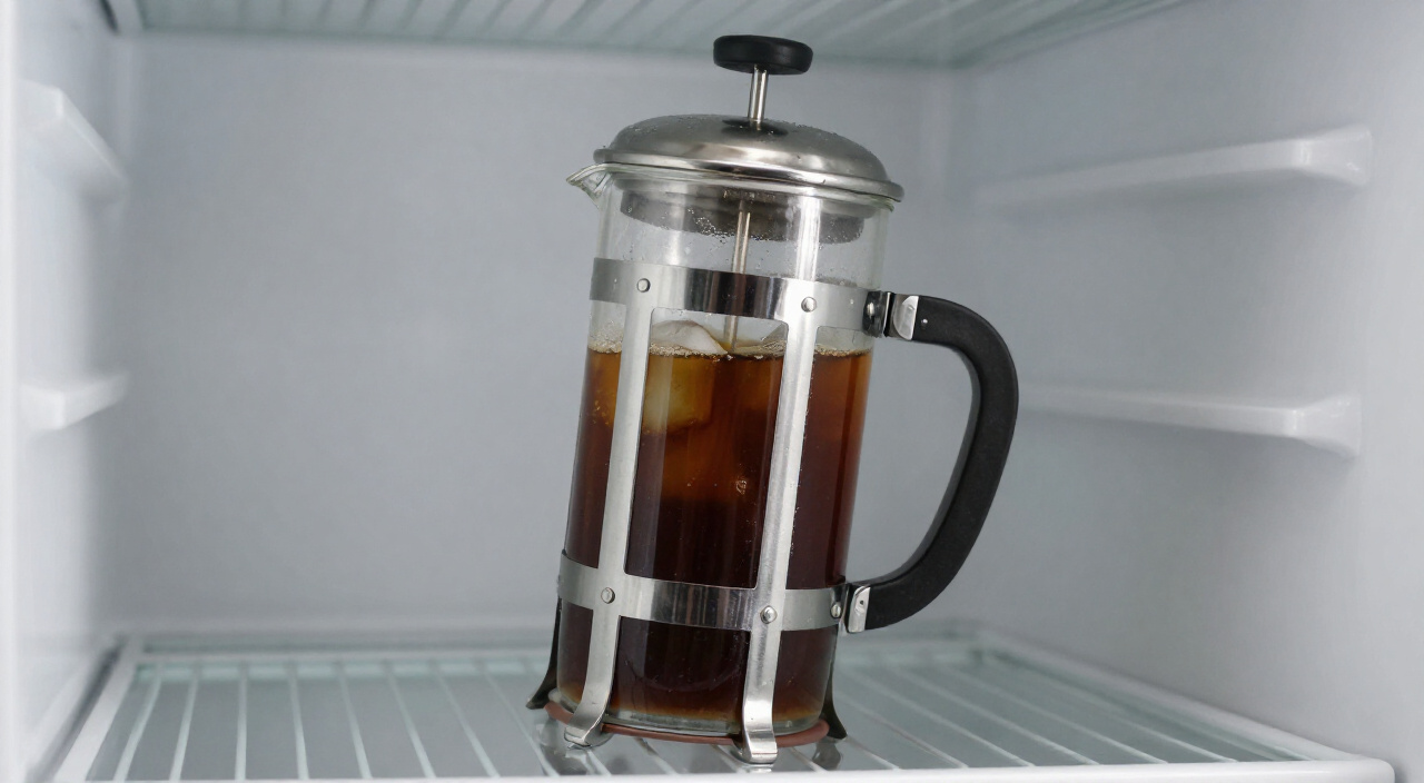 glass French press of cold brew steeping on a refrigerator shelf