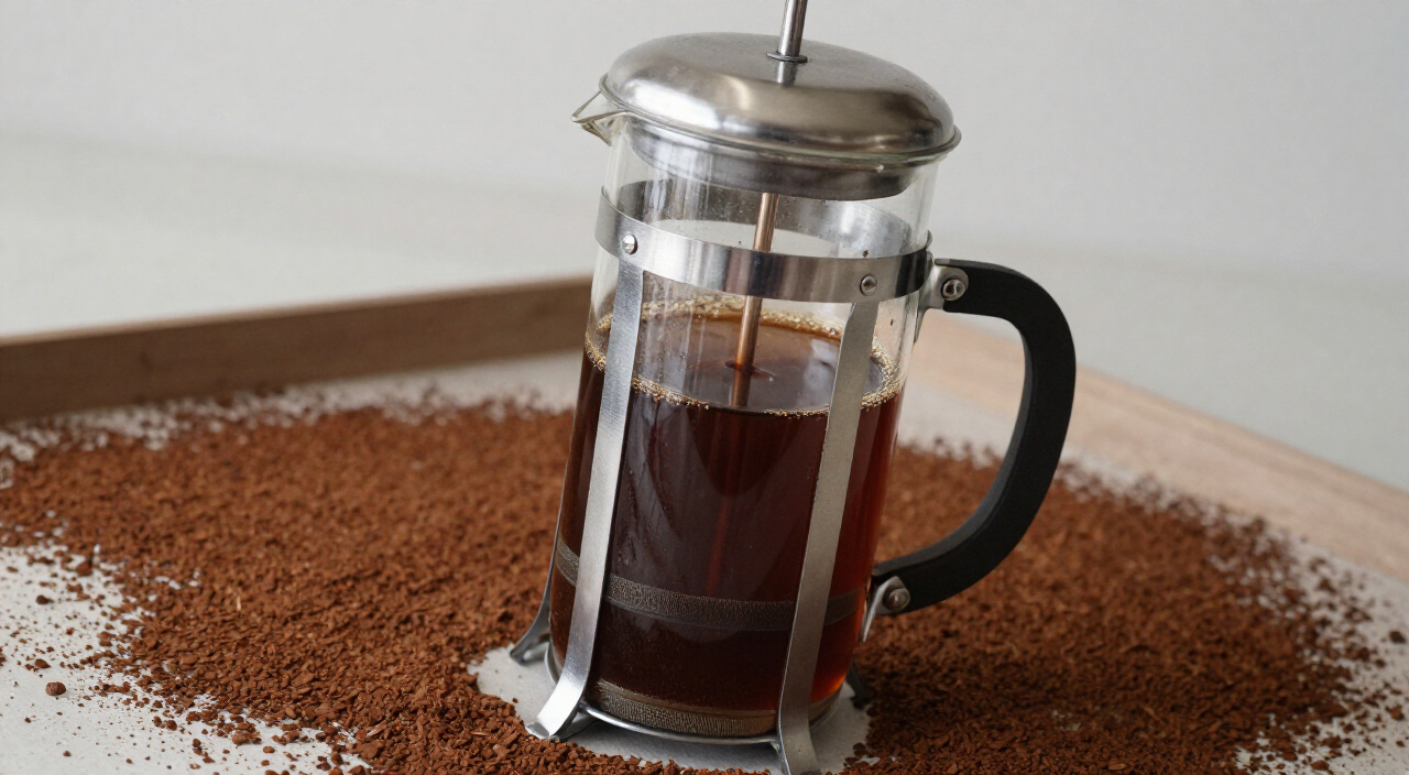glass French press with the plunger pressed down and grounds at the bottom