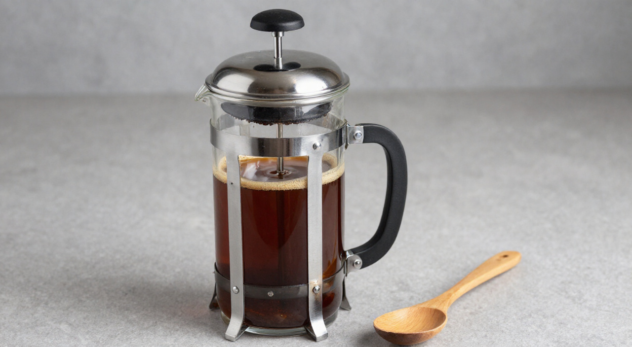 glass French press steeping coffee with the plunger raised