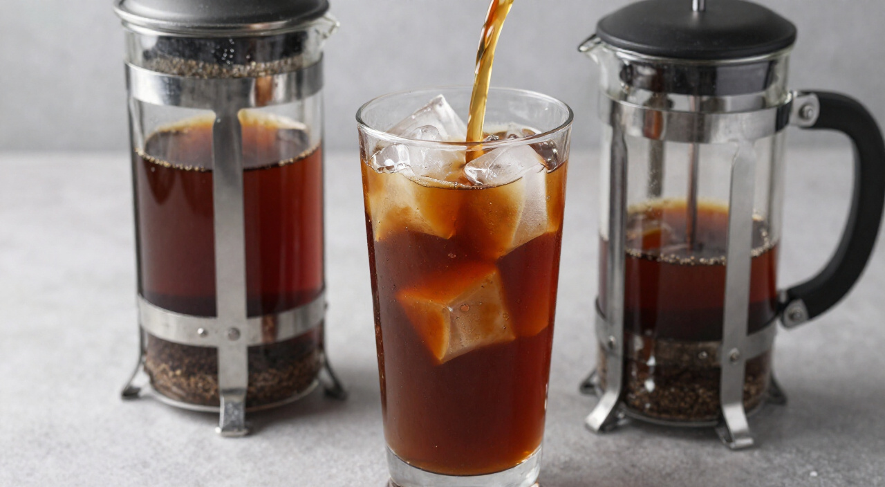 glass of iced cold brew next to a pressed French press