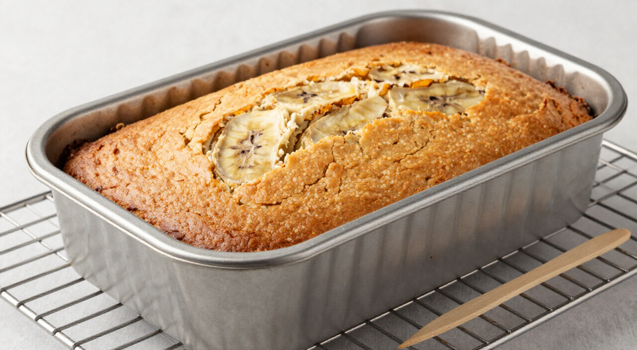Golden-brown baked banana cake in a tube pan on a wire rack