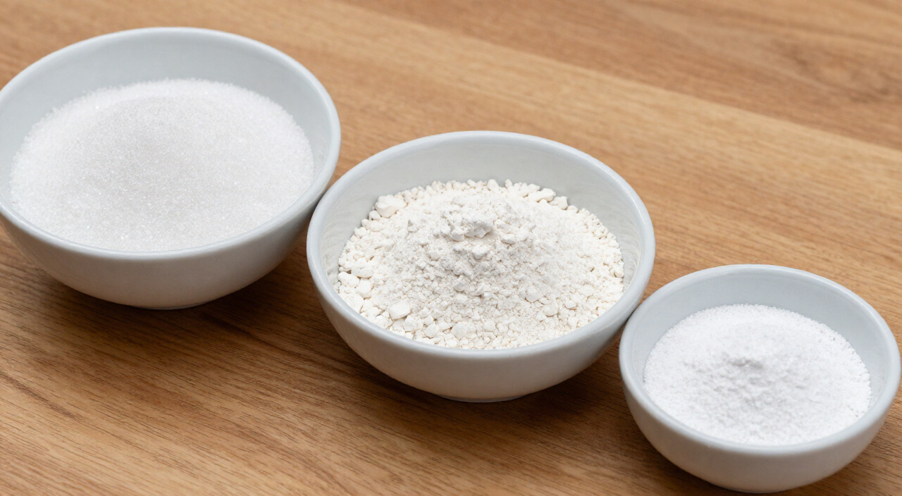 Granulated sugar, all-purpose flour and baking powder in separate bowls and saucers