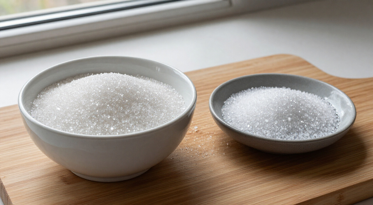 granulated sugar and fine salt in small bowls on a wooden cutting board