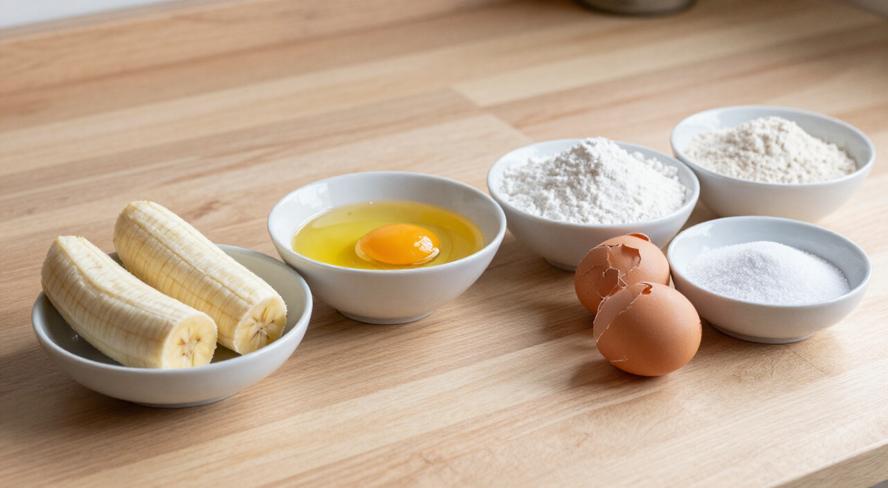 ingredients for bolo de banana de liquidificador measured into small bowls on a wooden counter