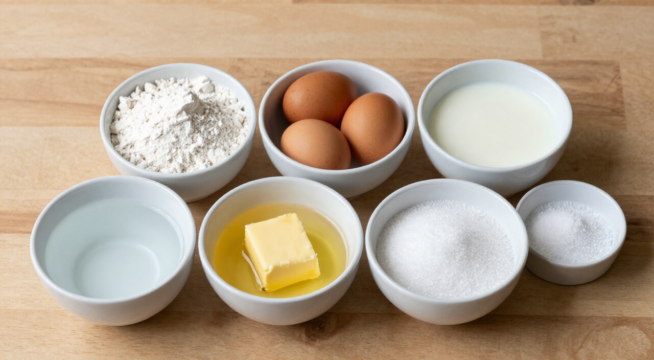 ingredients for classic crepes measured into small bowls: flour, eggs, milk, water, butter, sugar and salt