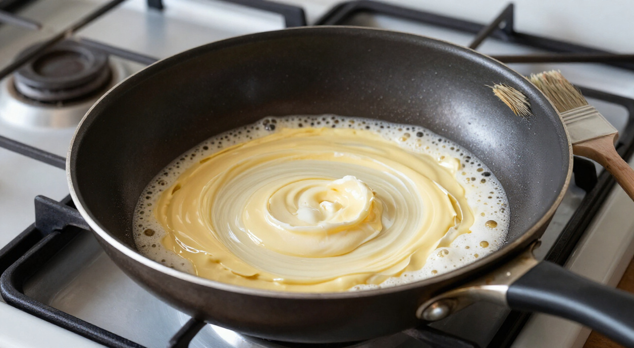 melted butter foaming in an empty nonstick skillet with a pastry brush beside it