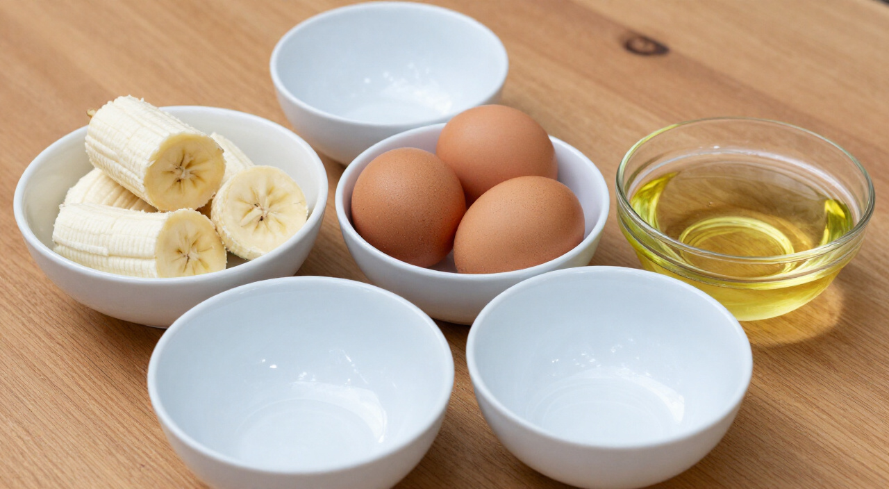 Peeled banana chunks, whole eggs and vegetable oil in three separate bowls