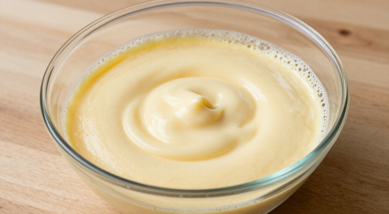 rested crepe batter with a smooth surface in a glass bowl on a wooden counter