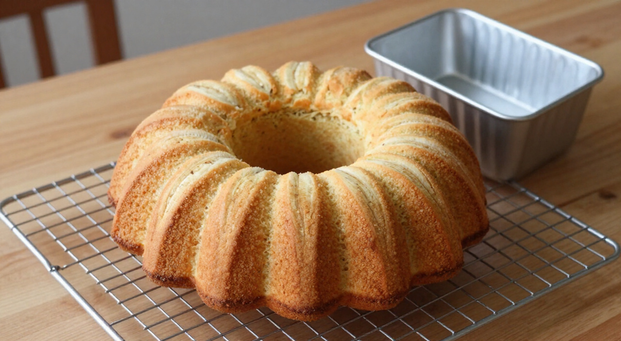Ring-shaped banana cake turned out onto a wire rack beside its pan