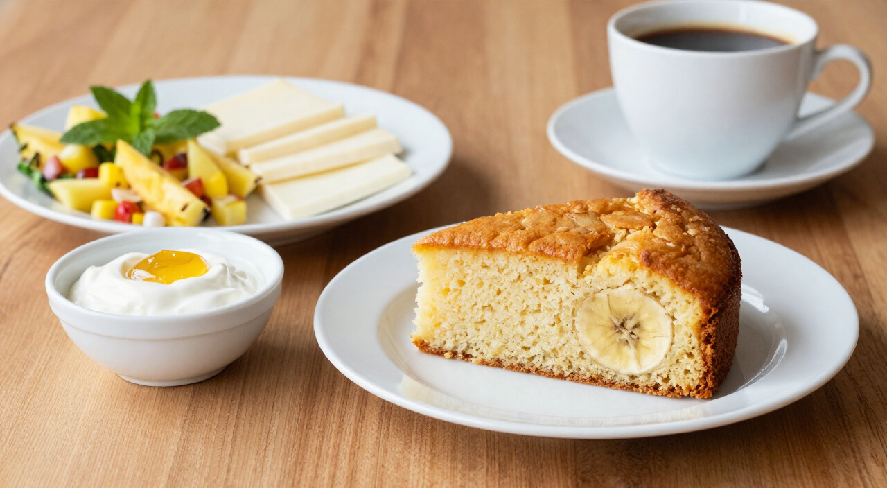 Slice of bolo de banana with Greek yogurt, pineapple mint salad, queijo minas and black coffee