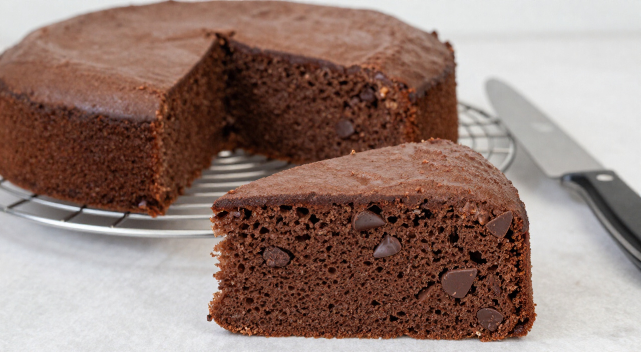 slice of chocolate banana cake with melted chocolate pieces in a soft brown crumb