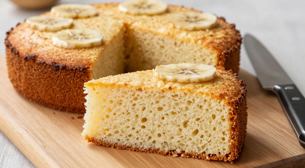 Slice of fluffy banana cake showing its soft golden crumb on a wooden board