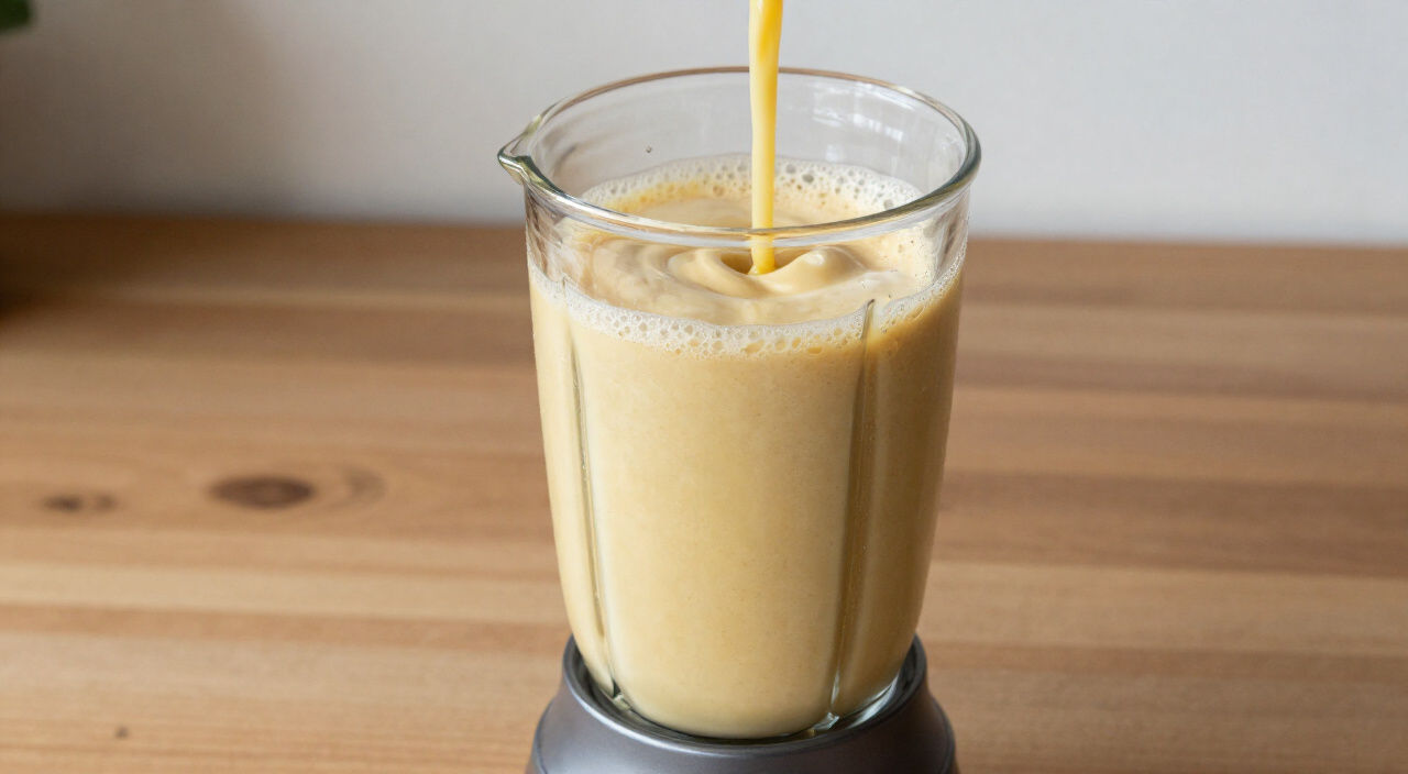 Smooth pale yellow banana mixture in a glass blender jar