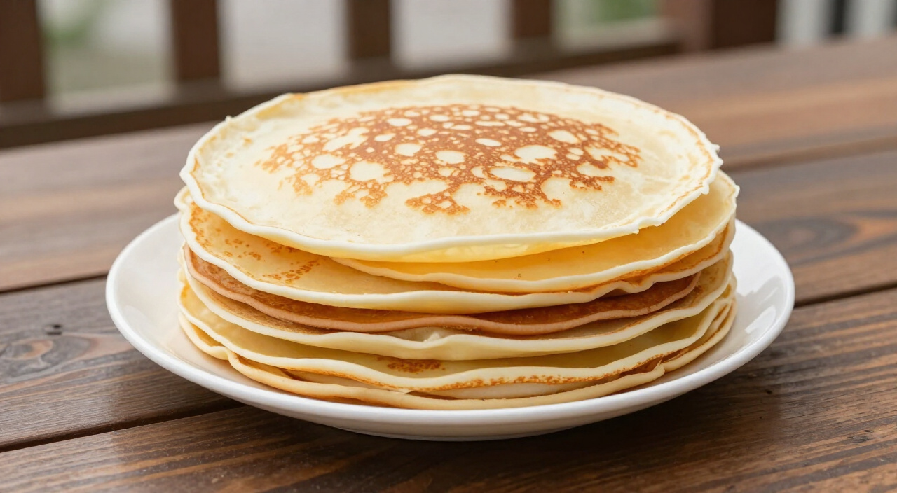 stack of thin golden crepes on a white plate on a wooden table