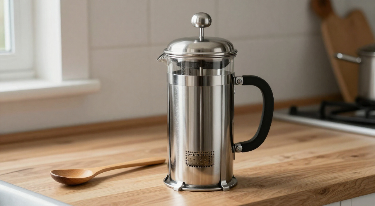 Stainless steel insulated French press with plunger raised beside a wooden spoon on a counter