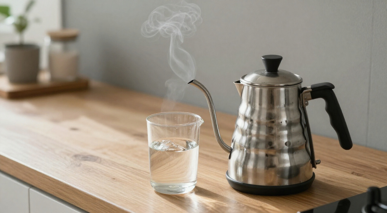 steaming kettle of hot water beside an empty glass French press