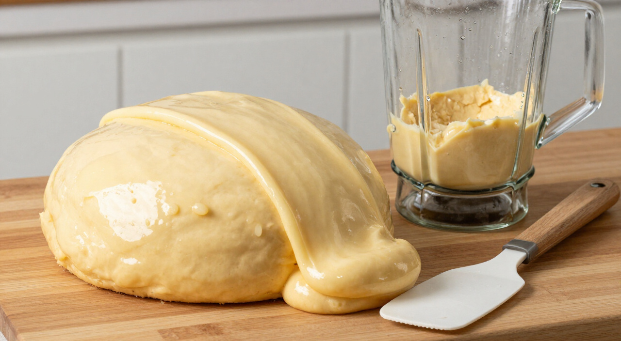Thick pale golden banana cake batter in a blender jar with a spatula