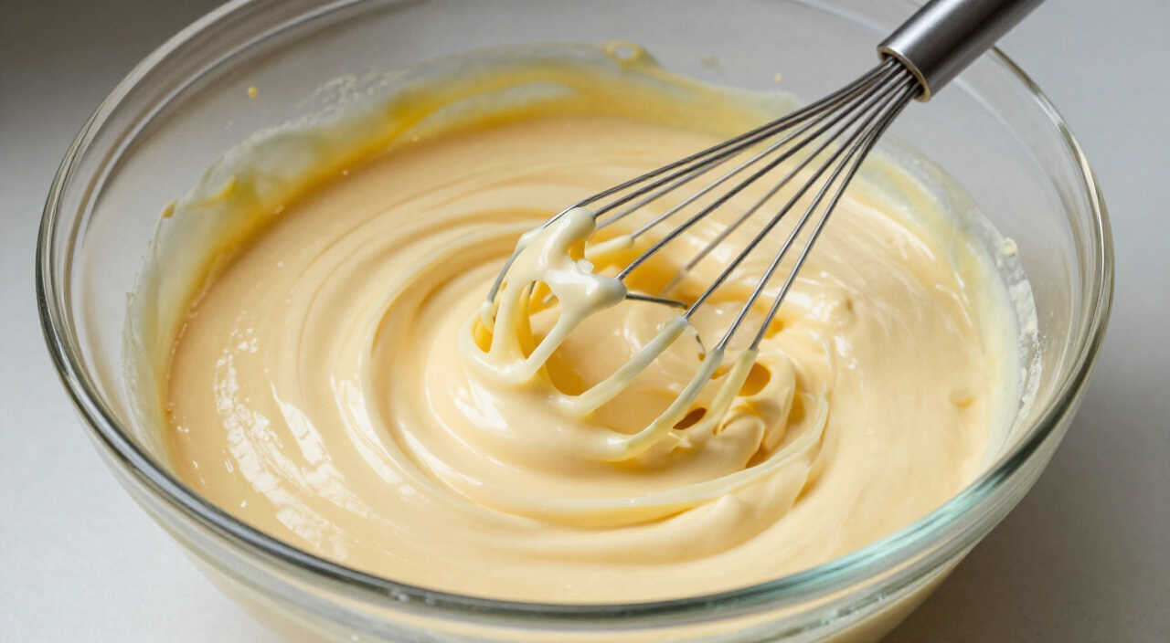 thick smooth pale yellow crepe batter in a glass bowl with a whisk
