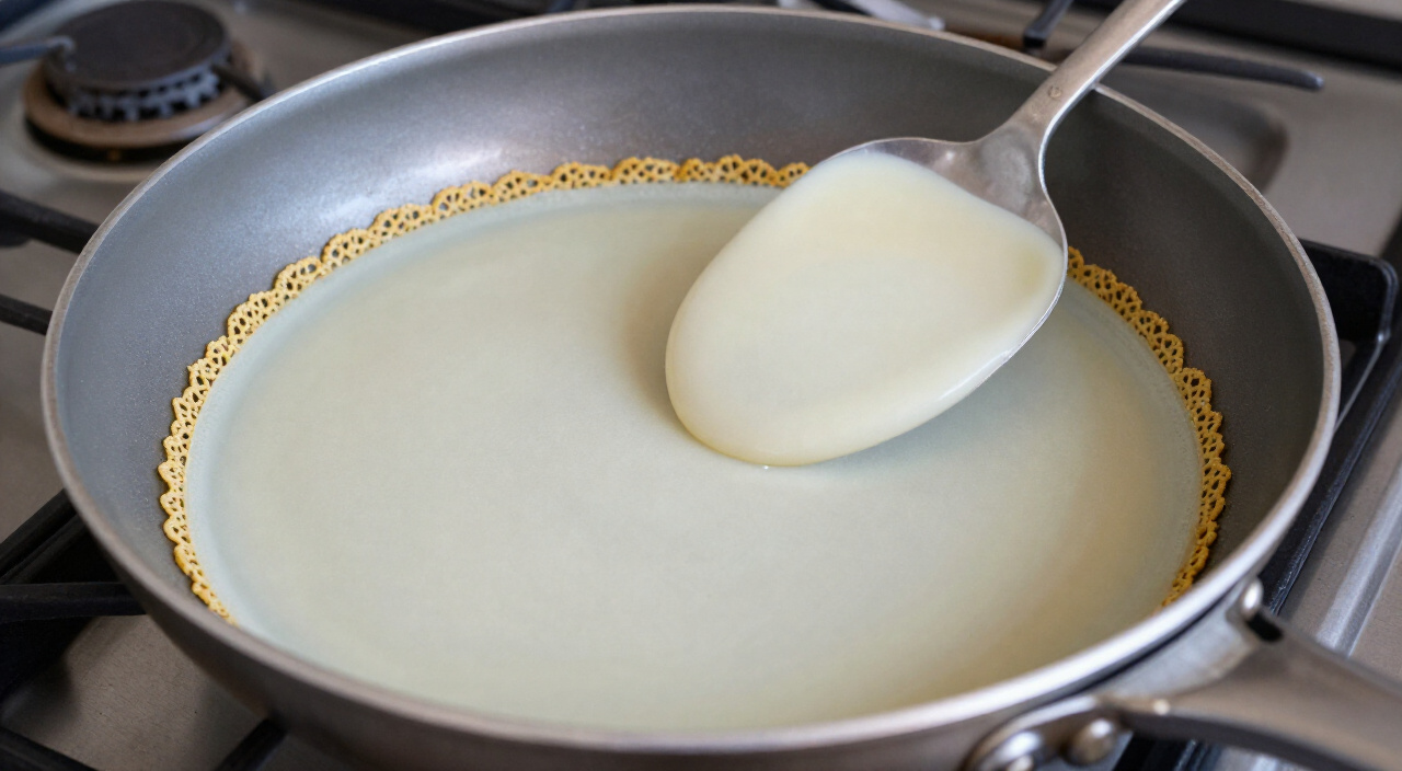thin crepe cooking in a nonstick skillet with lacy golden edges