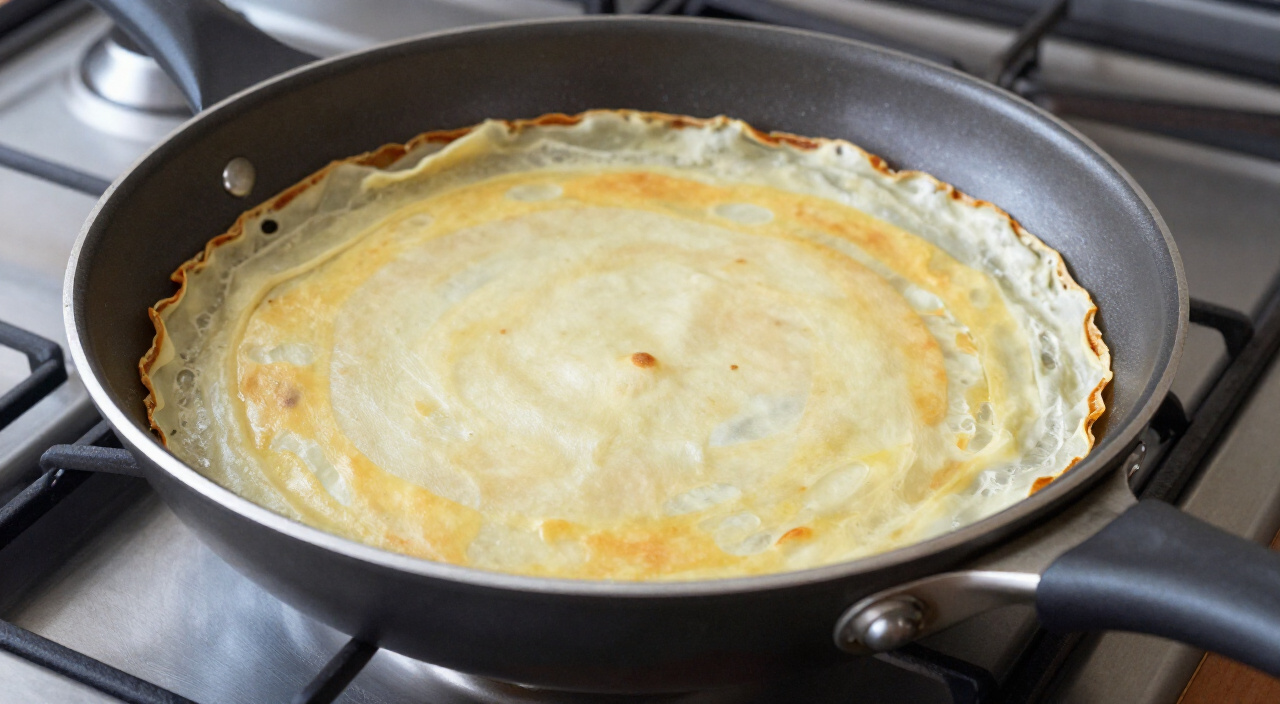 Thin crepe with lacy golden edges cooking in a nonstick skillet beside a thin spatula