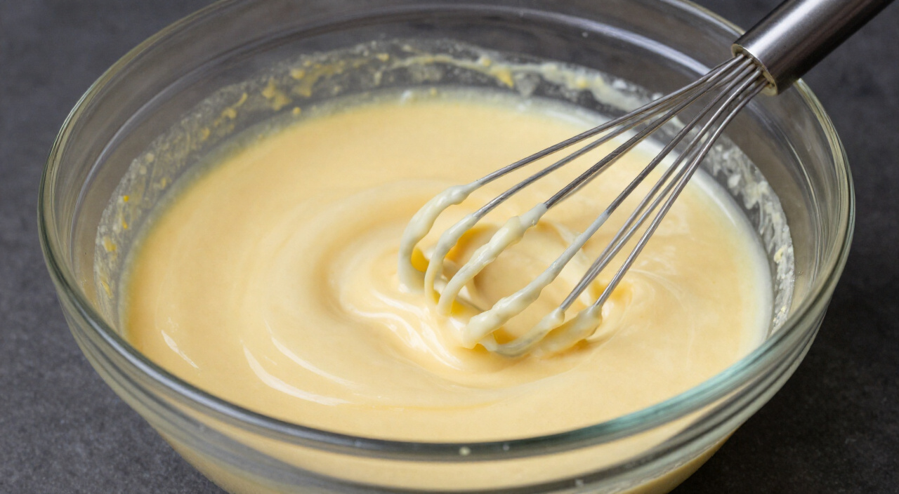 thin silky crepe batter in a glass bowl with batter coating a whisk