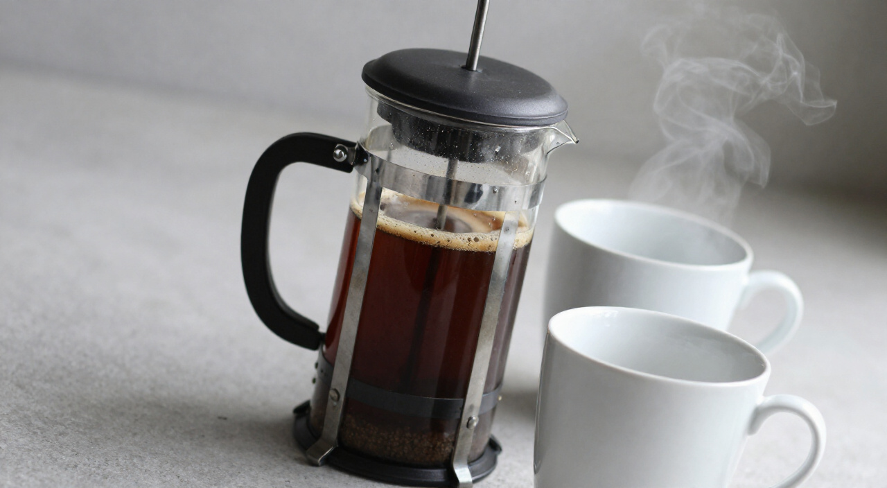 two mugs of hot French press coffee beside the press