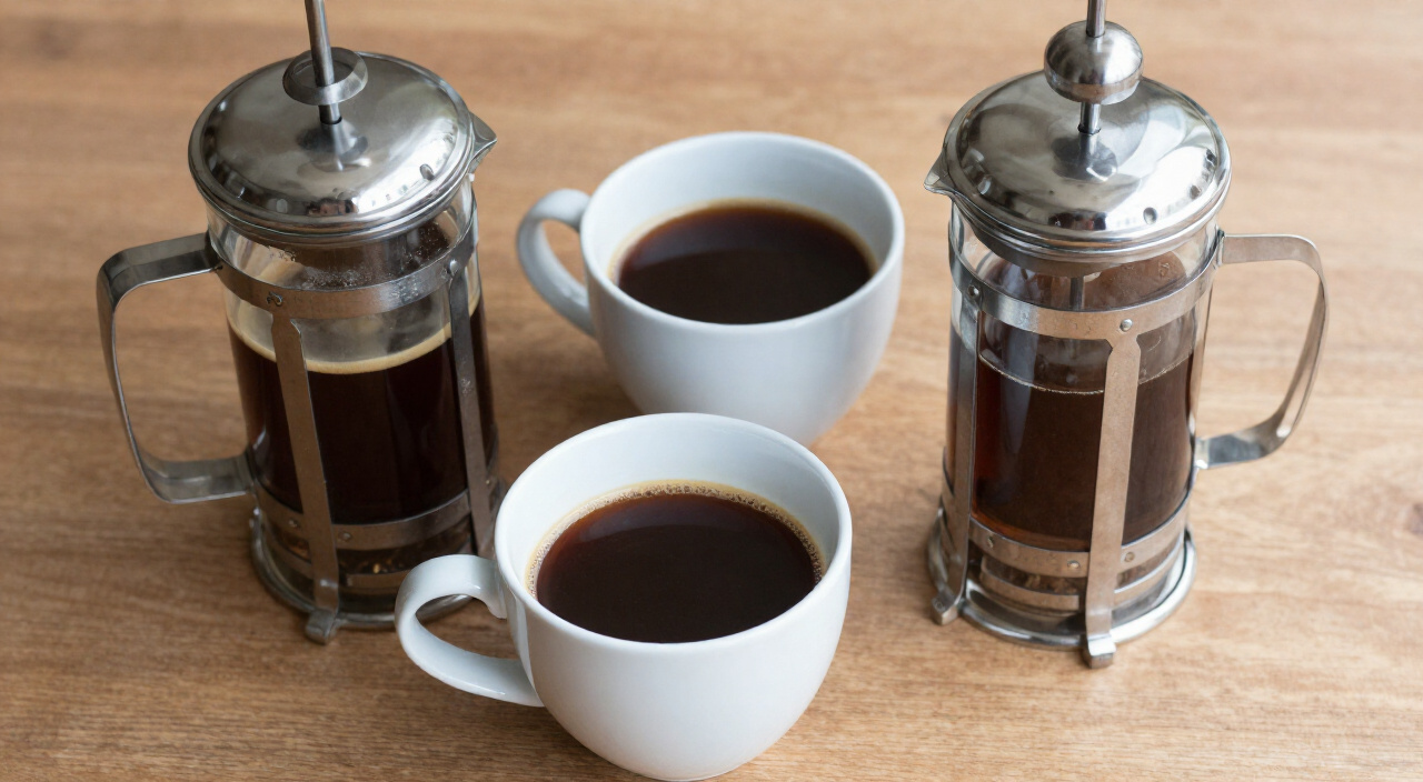 Two mugs of silky dark French press coffee with thin crema beside a pressed French press