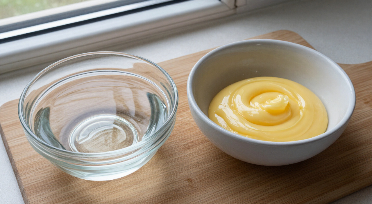 water and melted unsalted butter in bowls on a wooden cutting board